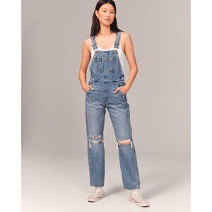 ABERCROMBIE & FITCH Medium Wash Distressed 100% Cotton Denim Overalls, Size XS